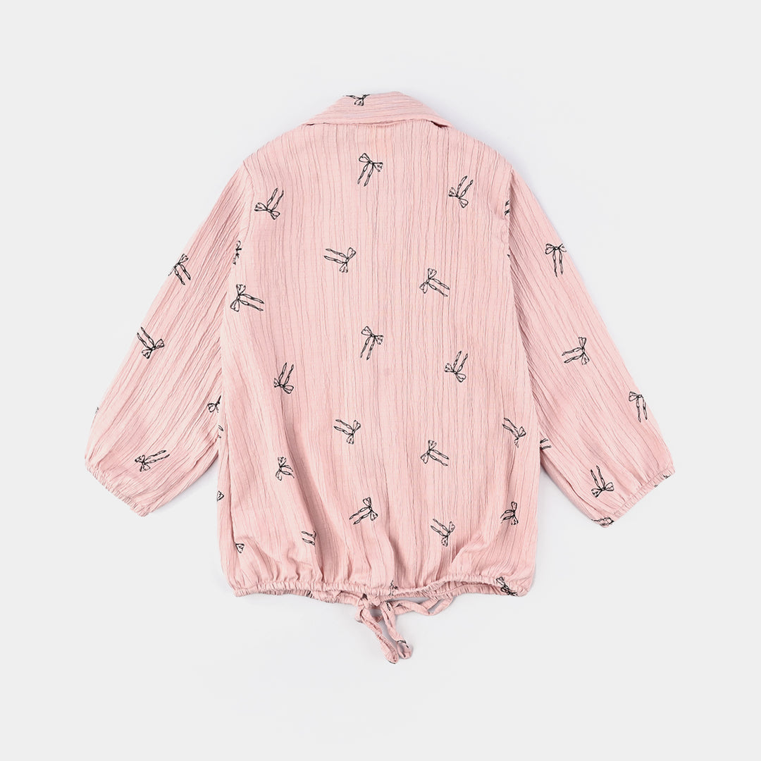 Girls Poly Cotton Emb Top Bow-Pink
