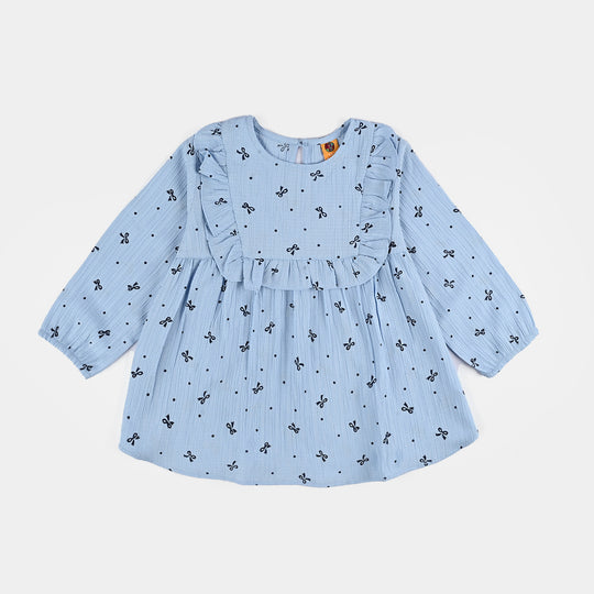 Girls Poly Cotton Casual Top Blue Bow