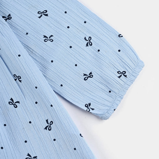 Girls Poly Cotton Casual Top Blue Bow