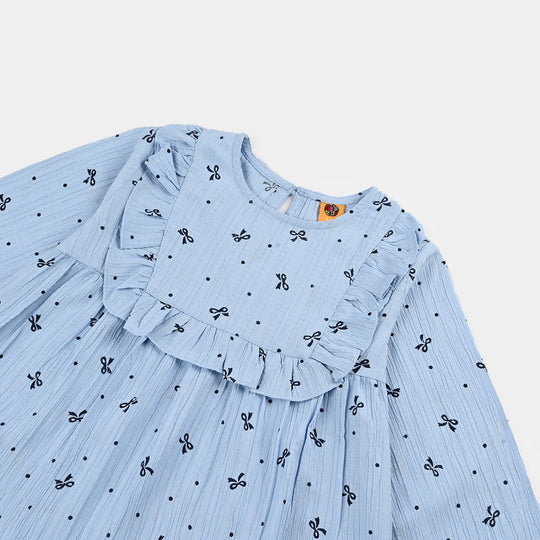 Girls Poly Cotton Casual Top Blue Bow