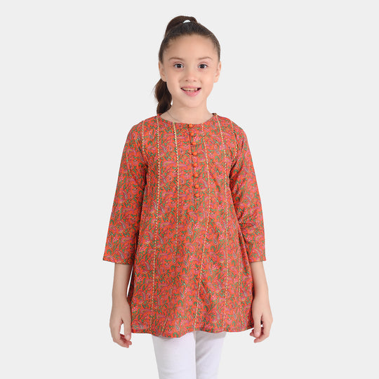 Girls Cotton Poplin Printed Kurti Paisley-ORANGE