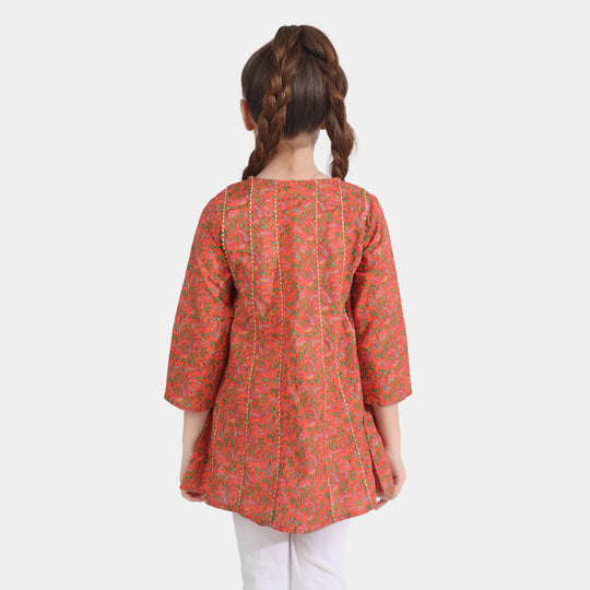 Girls Cotton Poplin Printed Kurti Paisley-ORANGE