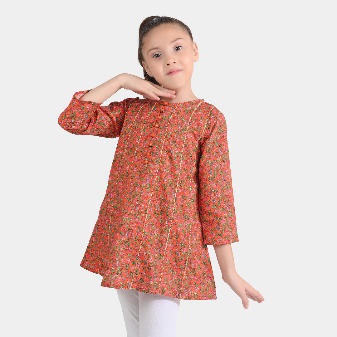 Girls Cotton Poplin Printed Kurti Paisley-ORANGE
