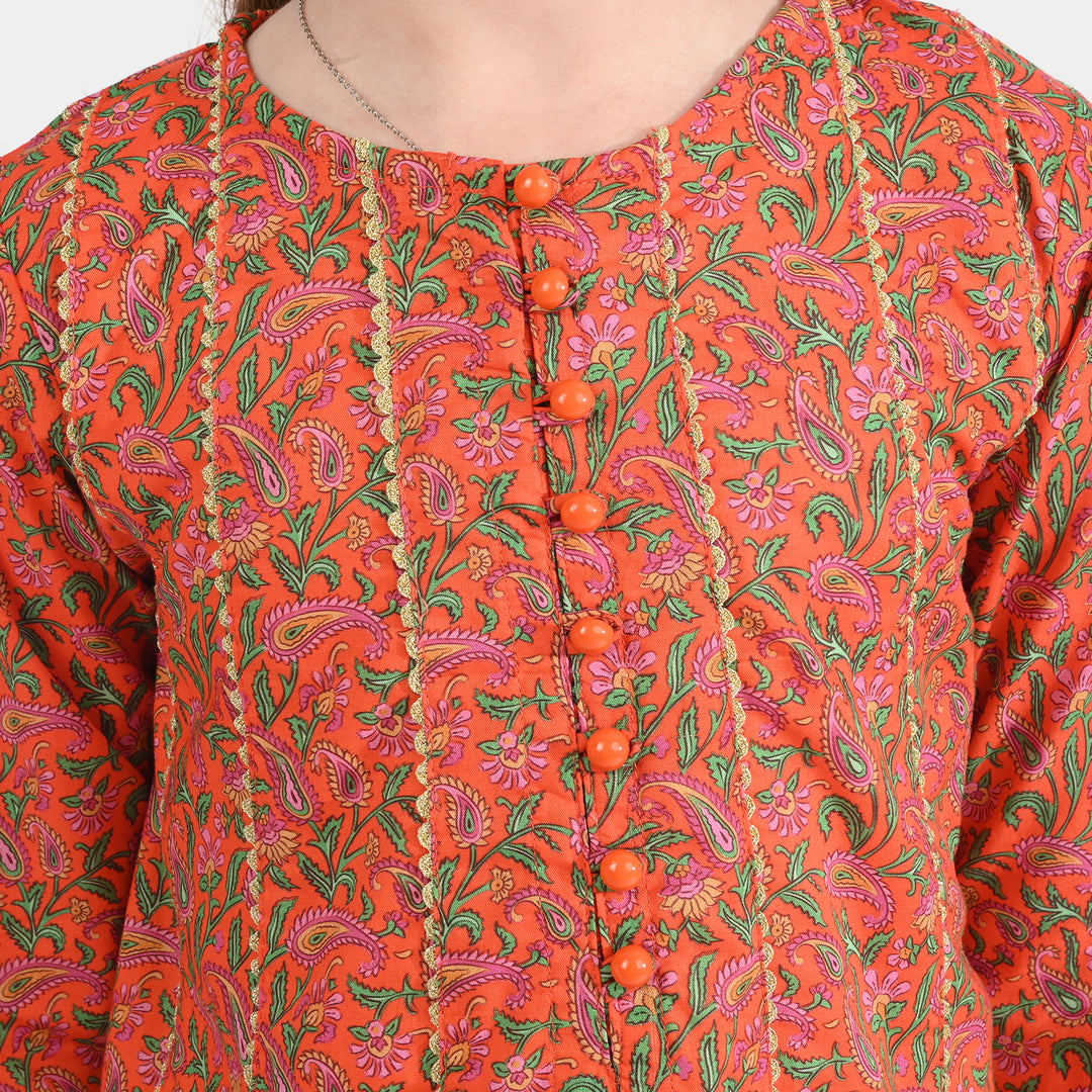Girls Cotton Poplin Printed Kurti Paisley-ORANGE