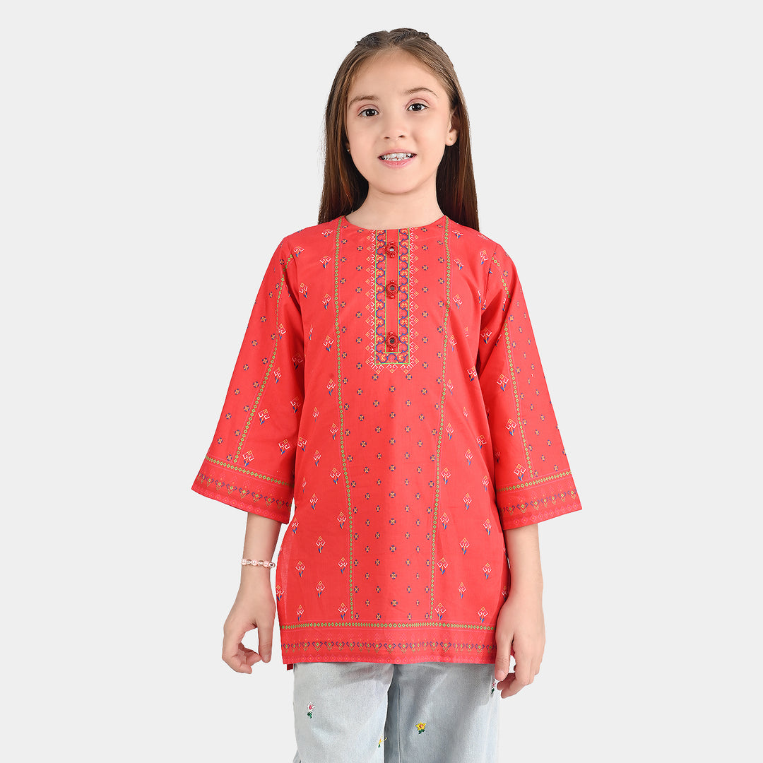 Girls Cotton Poplin Printed Kurti Rose-RED