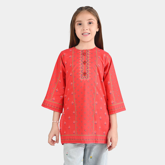 Girls Cotton Poplin Printed Kurti Rose-RED
