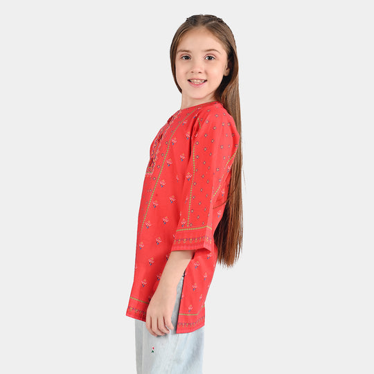 Girls Cotton Poplin Printed Kurti Rose-RED