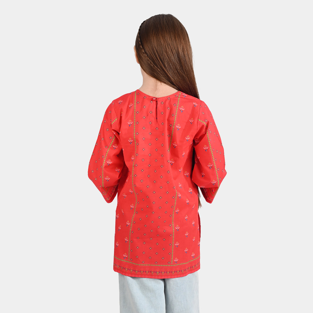 Girls Cotton Poplin Printed Kurti Rose-RED
