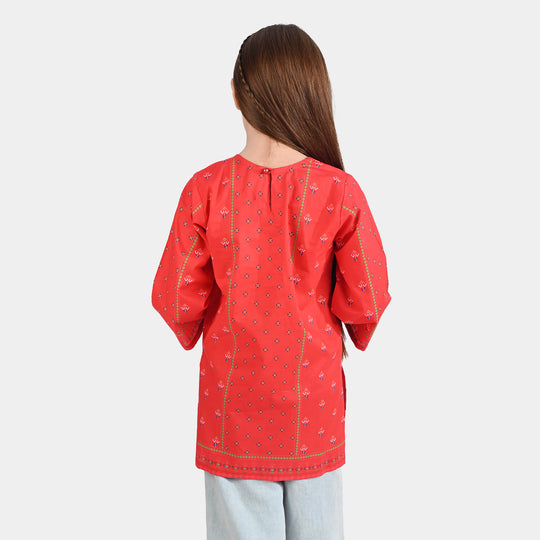 Girls Cotton Poplin Printed Kurti Rose-RED