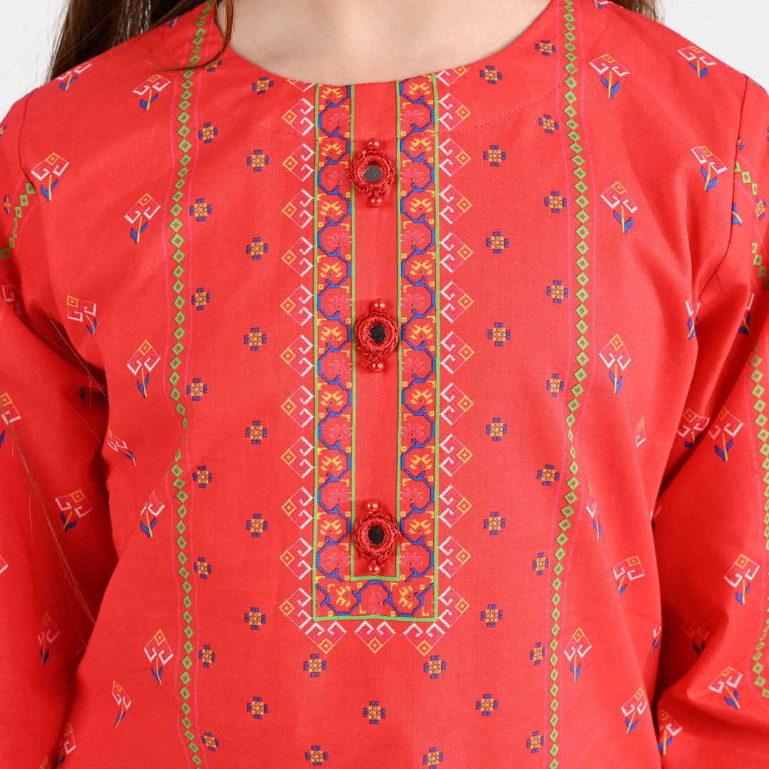 Girls Cotton Poplin Printed Kurti Rose-RED