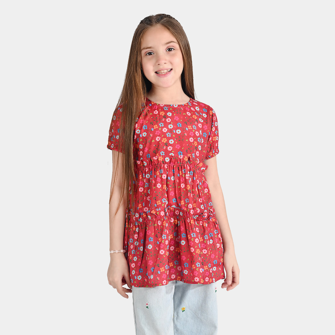 Girls Raw Silk Casual Frock Red Ruffle-Multi