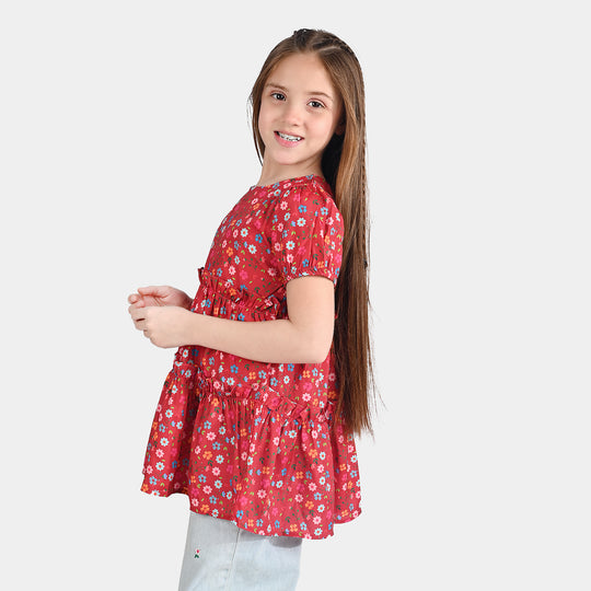 Girls Raw Silk Casual Frock Red Ruffle-Multi