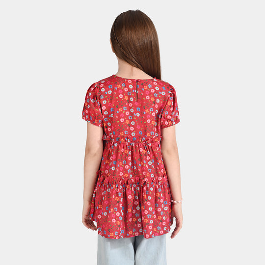 Girls Raw Silk Casual Frock Red Ruffle-Multi