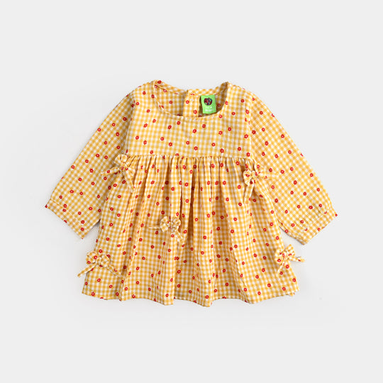 Infant Girls Cotton Casual Frock Yellow Checks-Mustard