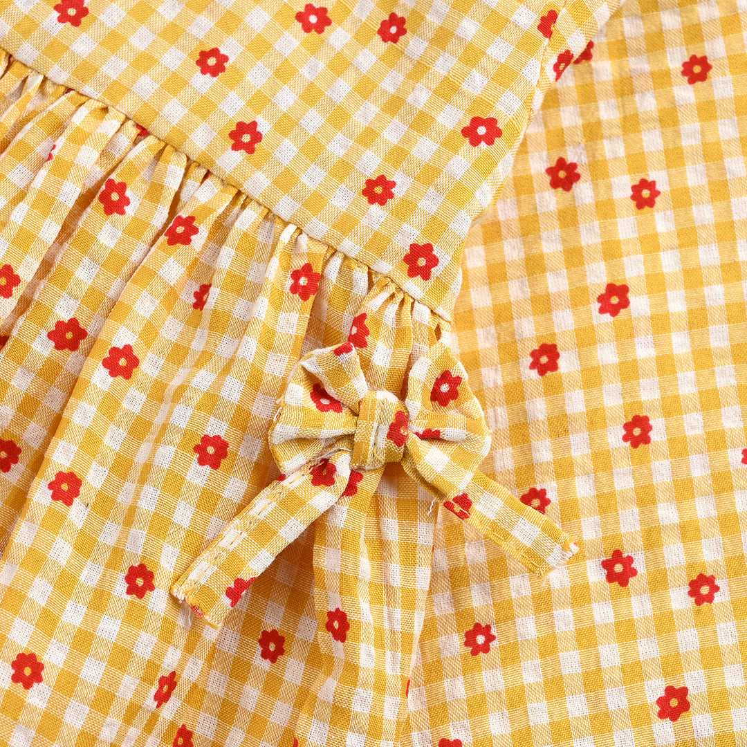 Infant Girls Cotton Casual Frock Yellow Checks-Mustard