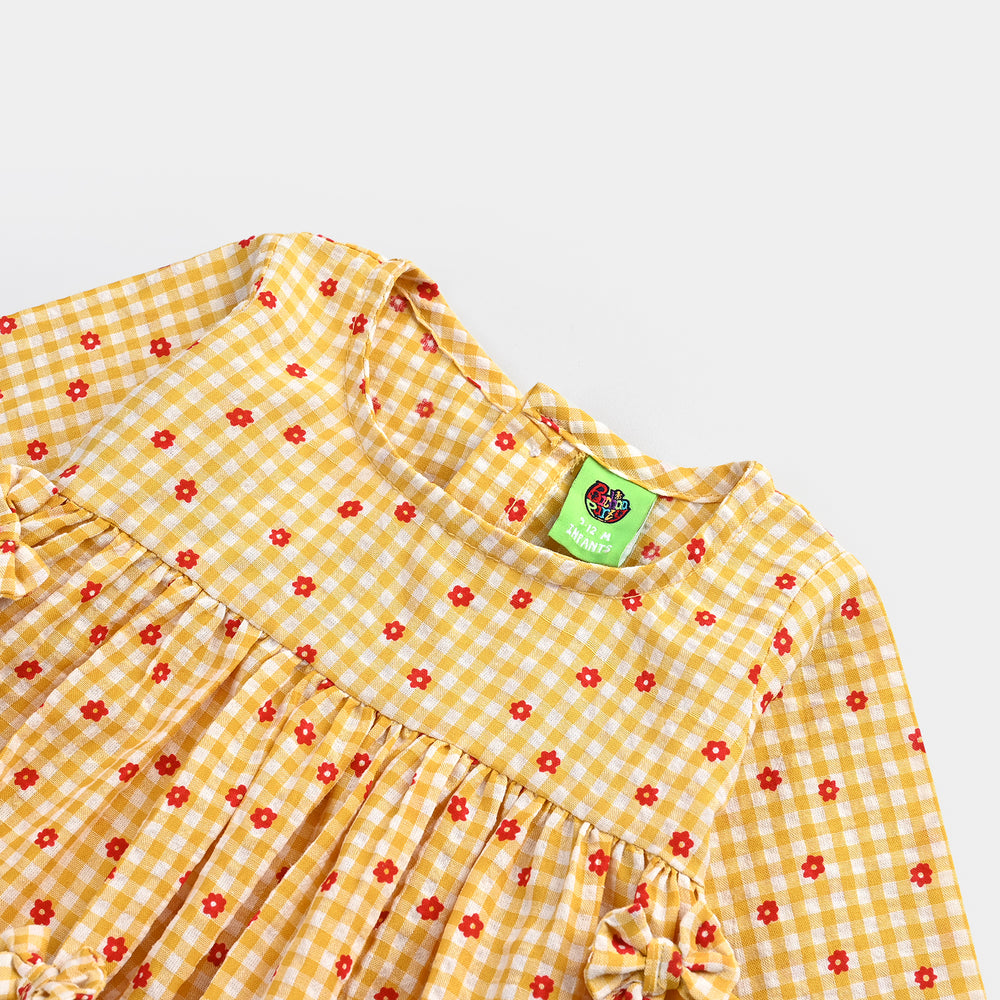 Infant Girls Cotton Casual Frock Yellow Checks-Mustard