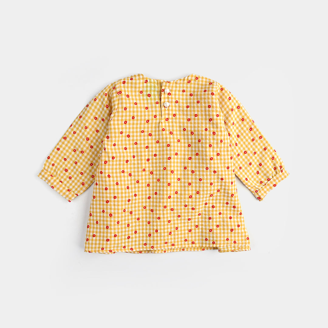 Infant Girls Cotton Casual Frock Yellow Checks-Mustard