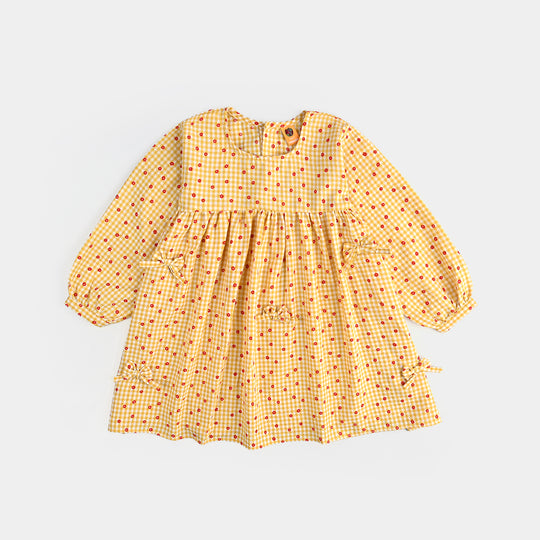 Girls Cotton Casual Frock Yellow Checks-Mustard