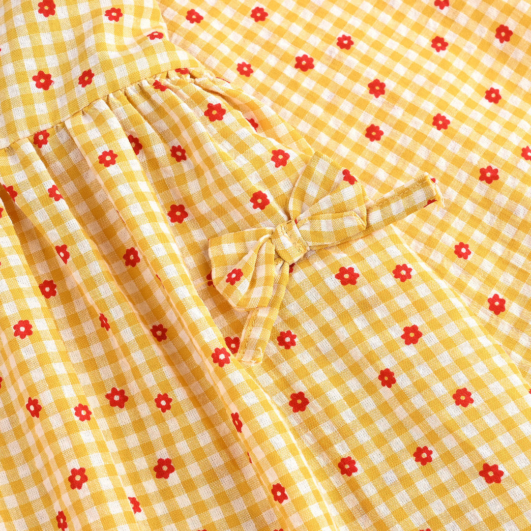 Girls Cotton Casual Frock Yellow Checks-Mustard