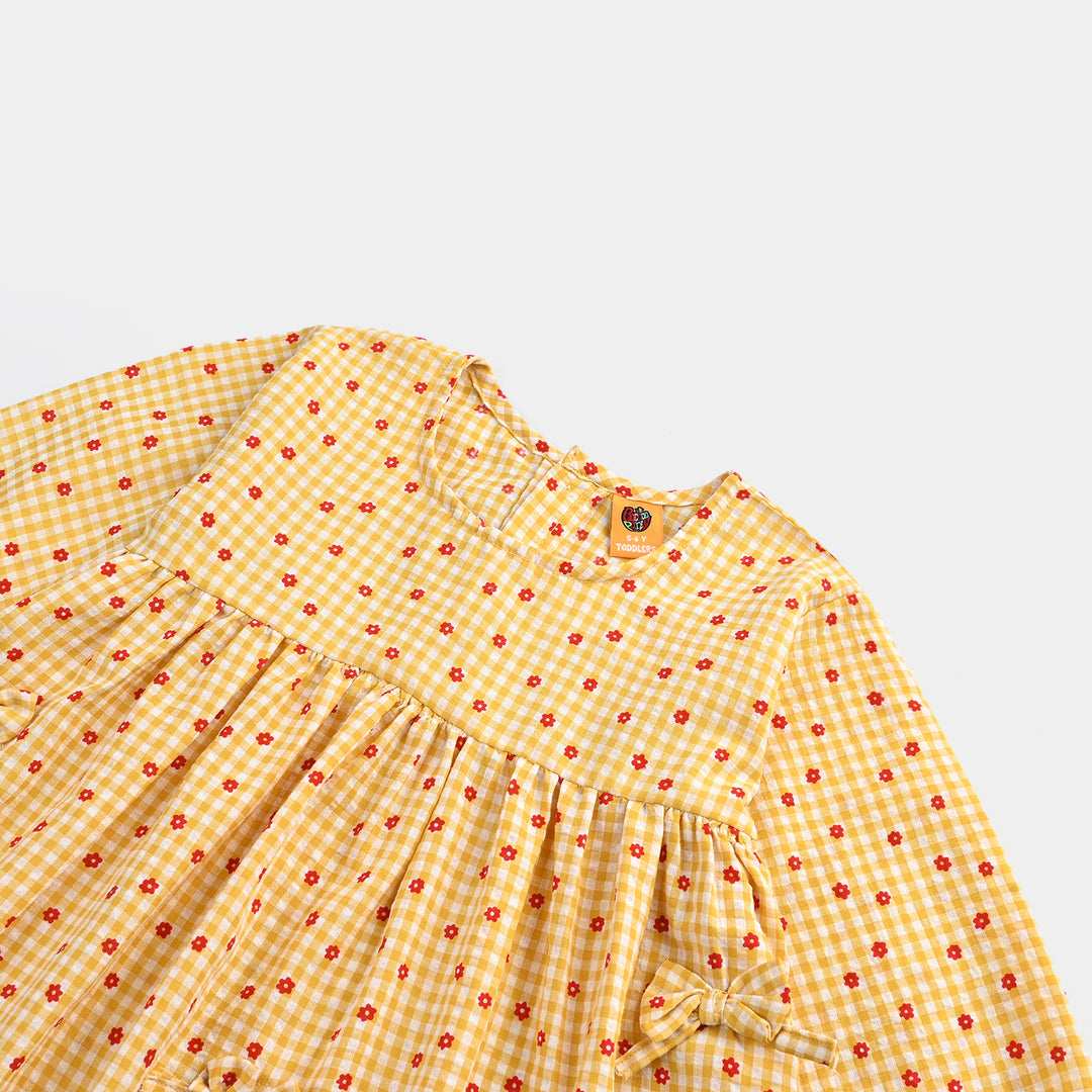 Girls Cotton Casual Frock Yellow Checks-Mustard