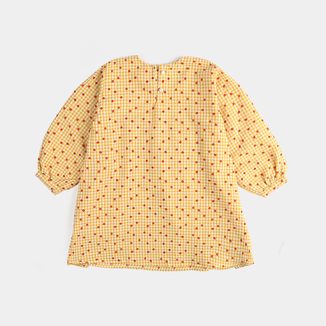 Girls Cotton Casual Frock Yellow Checks-Mustard