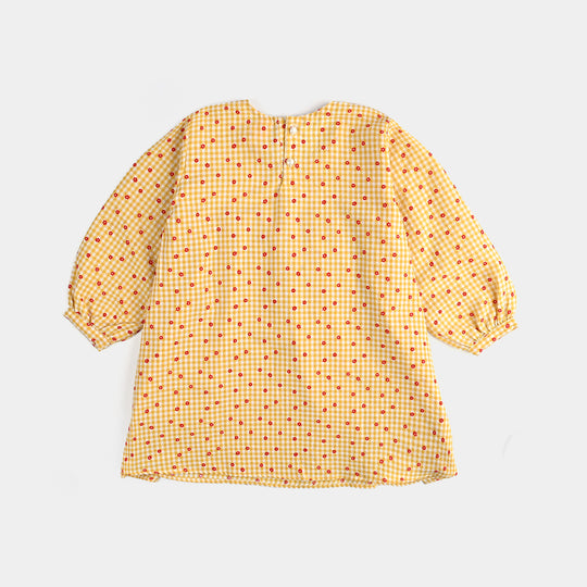 Girls Cotton Casual Frock Yellow Checks-Mustard