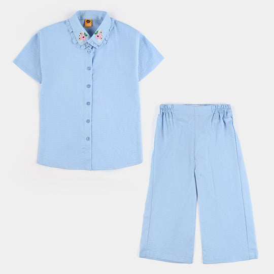 Girls Poly Crinkle Emb Co-Ord Set Frill Collor - Blue