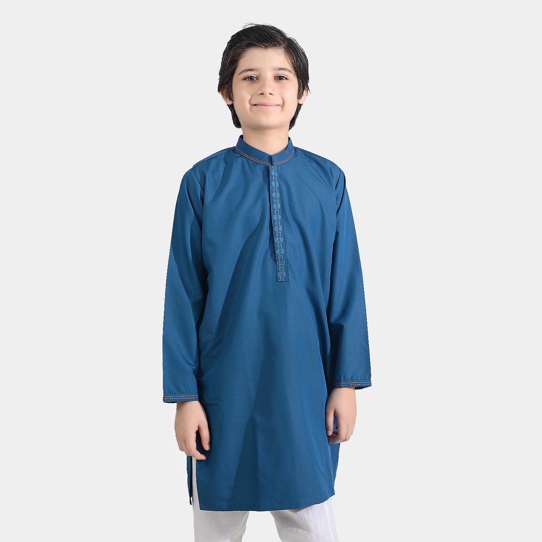 Boys Poly Viscose Embroidered Kurta (Funky)-T.Blue