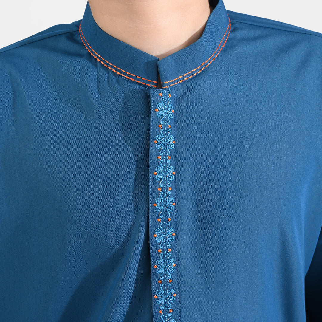 Boys Poly Viscose Embroidered Kurta (Funky)-T.Blue