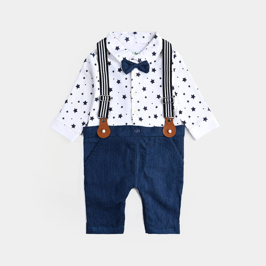 Infant Boys Cotton Interlock Romper Formal Stripes-White/Navy