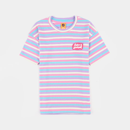 Girls Yarn Dyed T-Shirt H/S Belive In Your Self-Multi