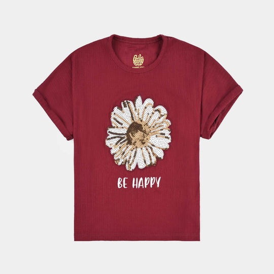 Girls Jacquard T-Shirt Be Happy-Red