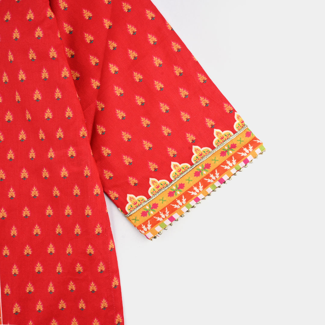 Girls Cotton Poplin Printed Kurti Rose-RED
