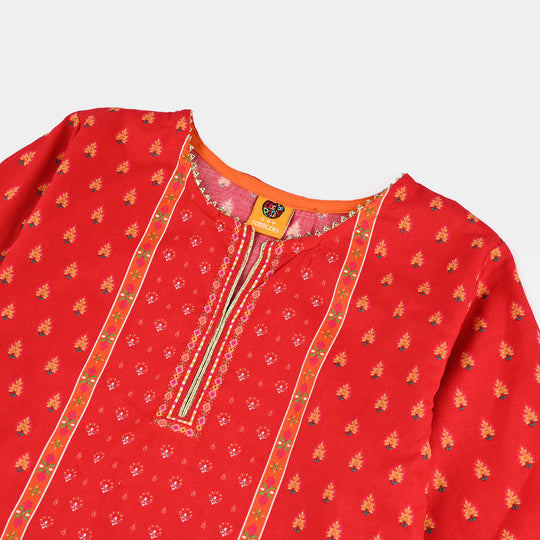 Girls Cotton Poplin Printed Kurti Rose-RED