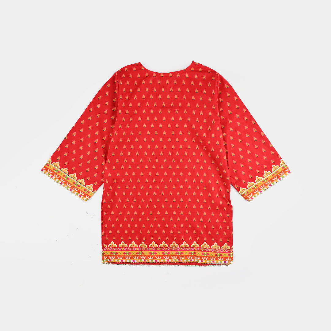 Girls Cotton Poplin Printed Kurti Rose-RED