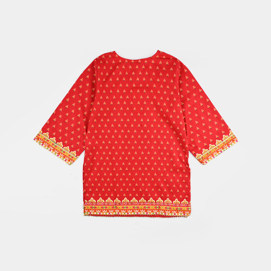 Girls Cotton Poplin Printed Kurti Rose-RED