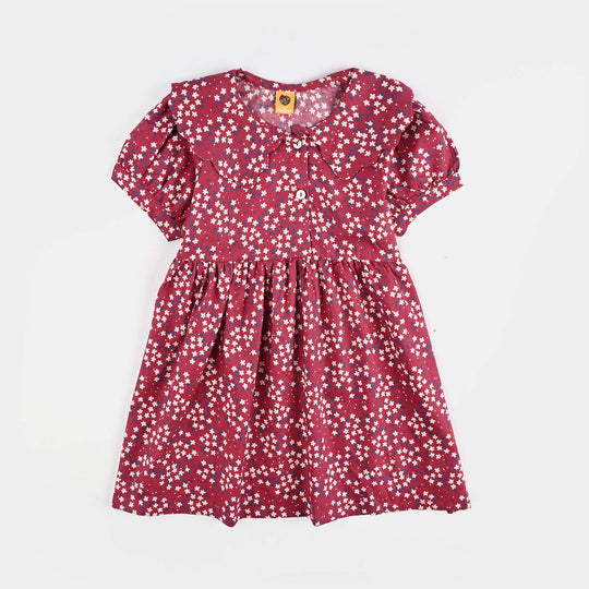 Girls Cotton Poplin Casual Frock Red Floral - Multi
