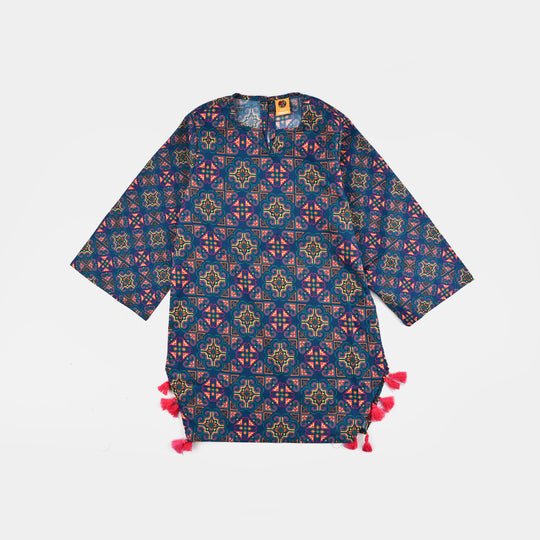Girls Cotton Poplin Printed Kurti Tribal-Multi
