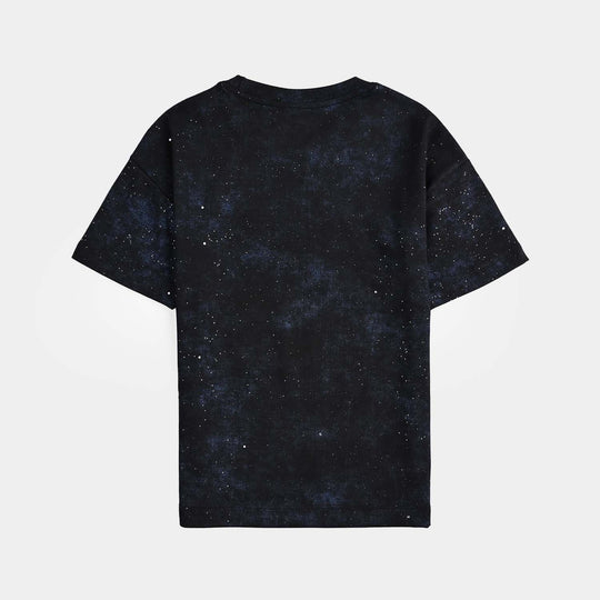 Girls Poly Cotton Jersey T-Shirt H/S Silver & Blue Glitter-BLACK