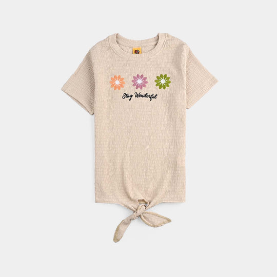 Girls Poly Crinkle T-Shirt Off White With Studs-KHAKI