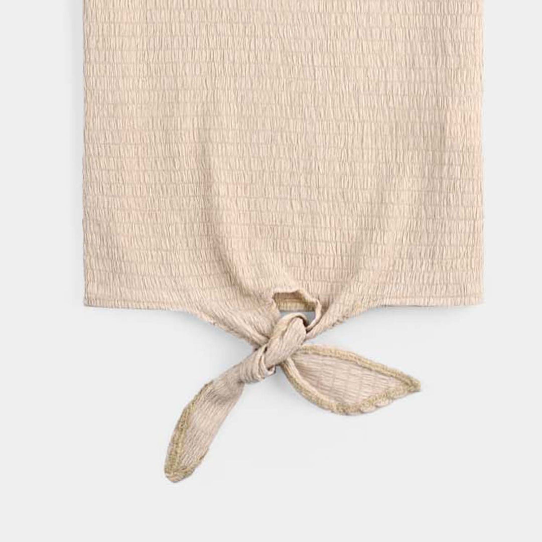 Girls Poly Crinkle T-Shirt Off White With Studs-KHAKI