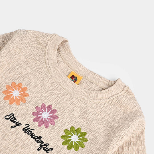 Girls Poly Crinkle T-Shirt Off White With Studs-KHAKI