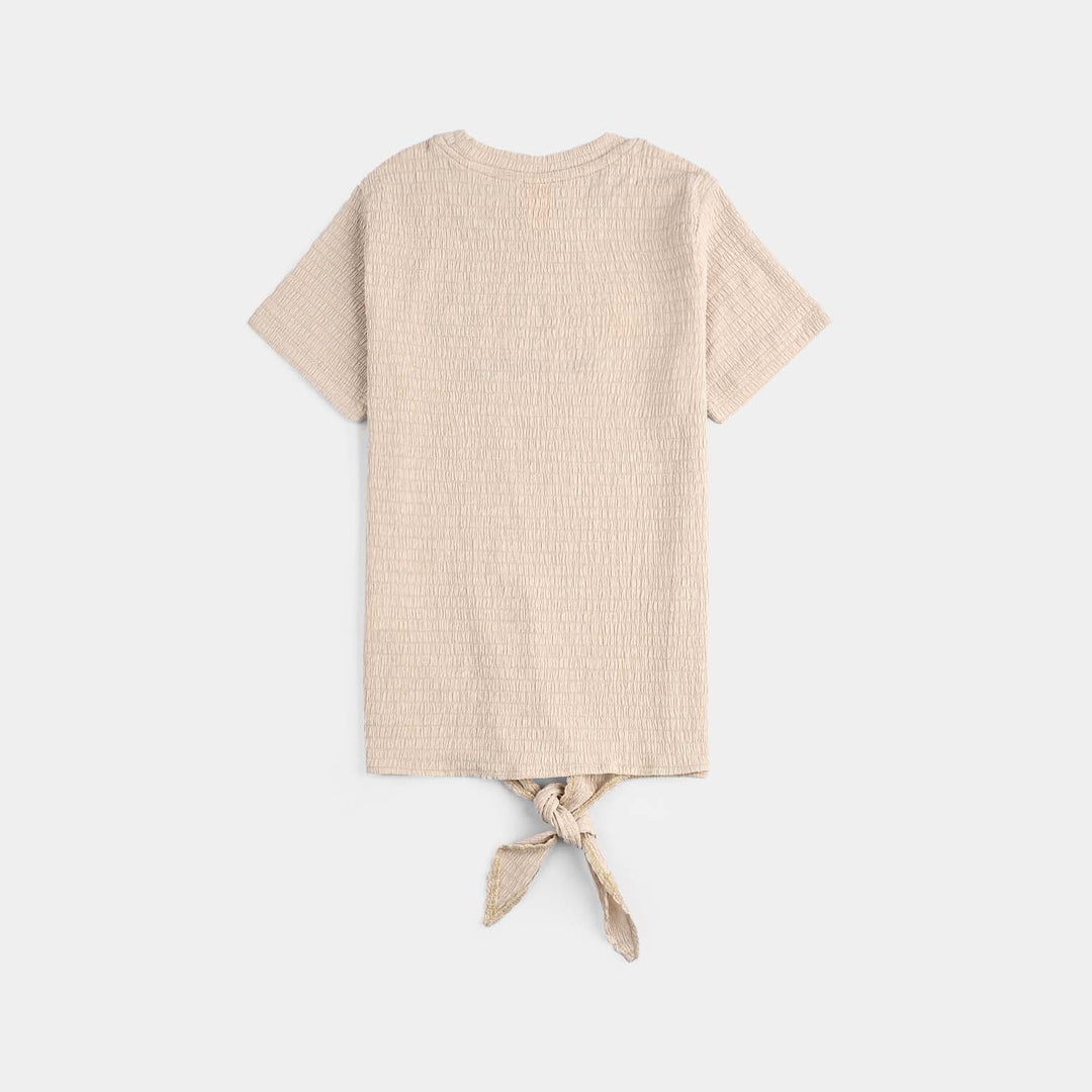 Girls Poly Crinkle T-Shirt Off White With Studs-KHAKI