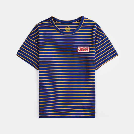 Boys Yarn Dyed T-Shirt H/S Trouble Maker-NAVY
