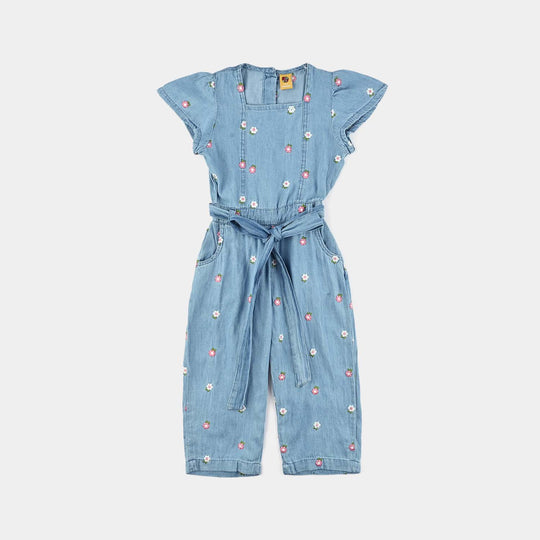 Girls Tensile Denim (Light Denim) Emb Jump Suit Frill-Blue