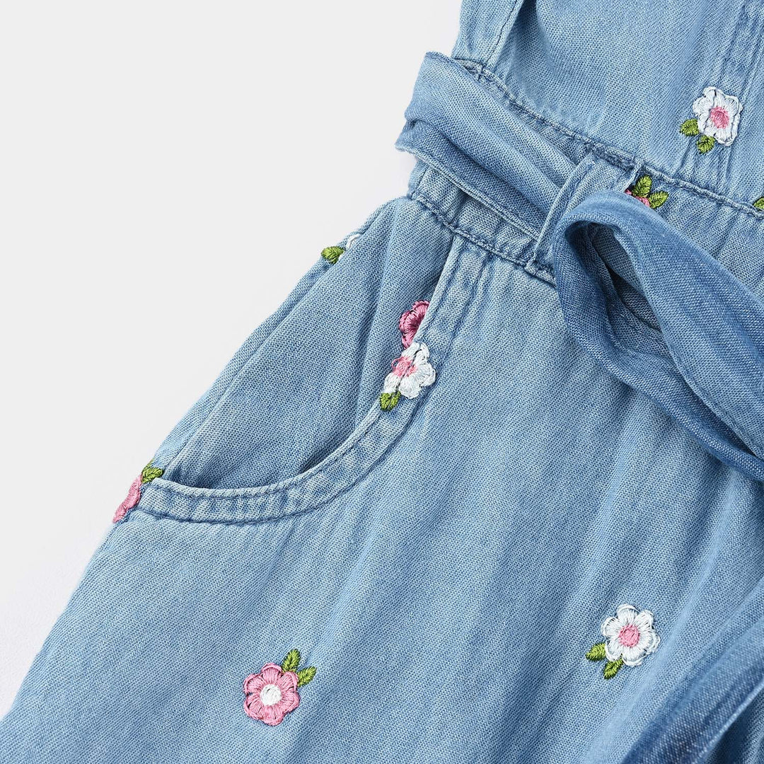 Girls Tensile Denim (Light Denim) Emb Jump Suit Frill-Blue