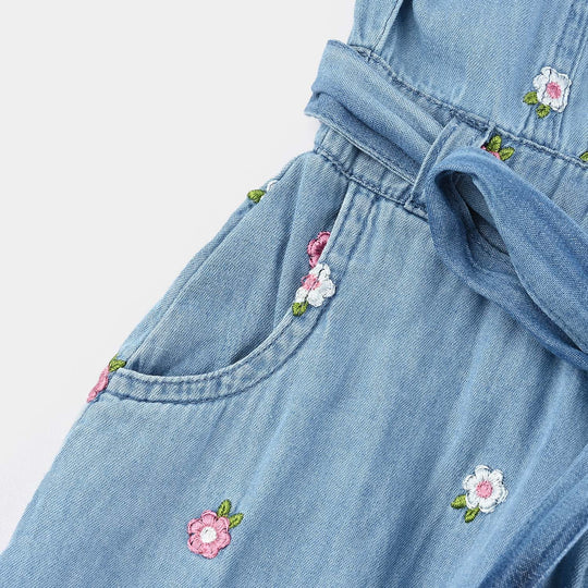 Girls Tensile Denim (Light Denim) Emb Jump Suit Frill-Blue