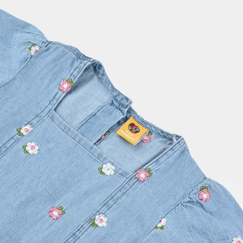 Girls Tensile Denim (Light Denim) Emb Jump Suit Frill-Blue
