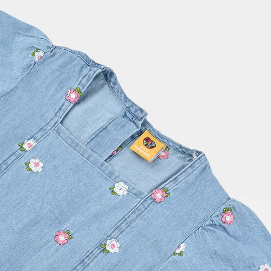 Girls Tensile Denim (Light Denim) Emb Jump Suit Frill-Blue