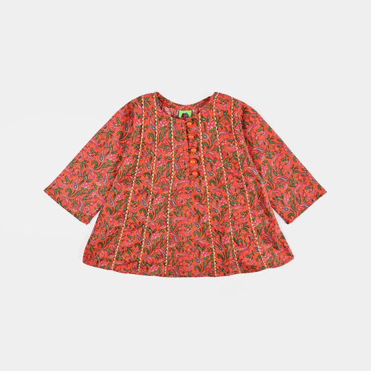 Infant Girls Cotton Poplin Printed Kurti Paisley-ORANGE